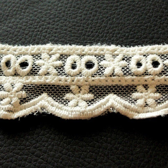 White Net Lace Trim With Beautiful Floral Embroidery, Approx. 34 mm wide