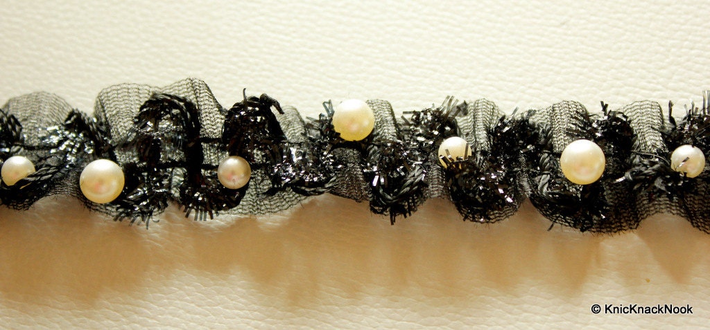 Black Shimmer Lace Trim With Pearl Beads, One Yard, Approx. 25mm