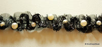 Thumbnail for Black Shimmer Lace Trim With Pearl Beads, One Yard, Approx. 25mm