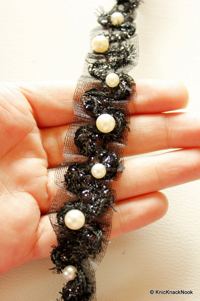 Black Shimmer Lace Trim With Pearl Beads, One Yard, Approx. 25mm