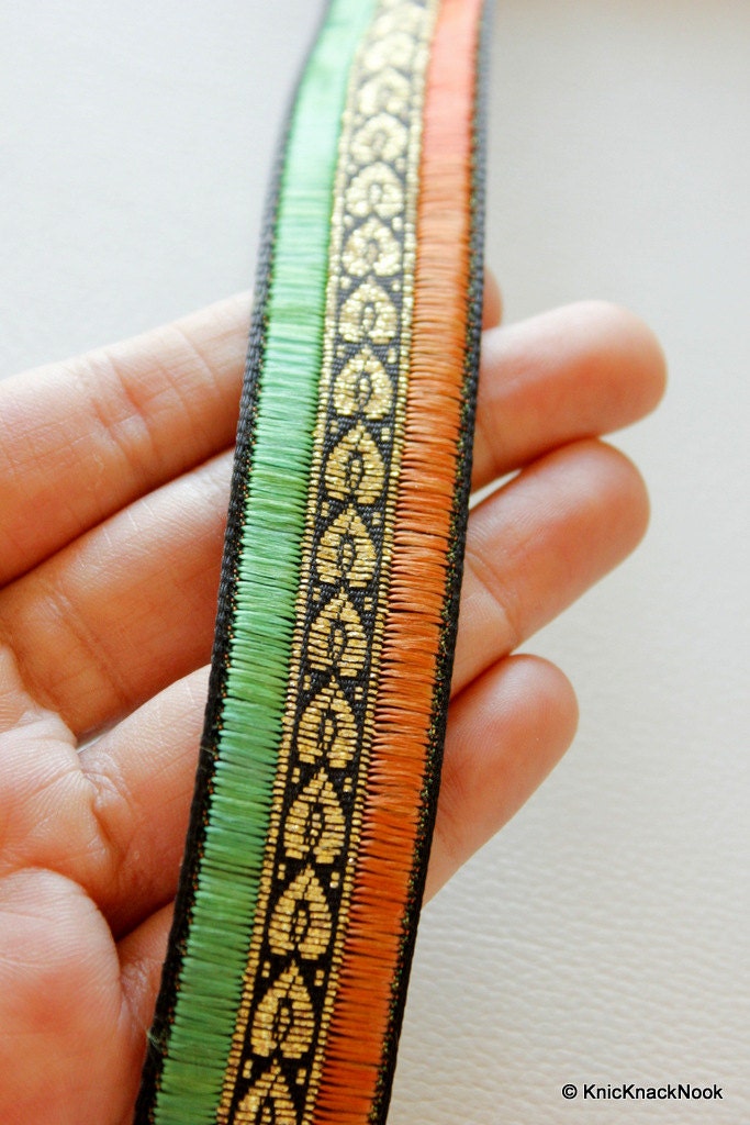 Green, Gold And Peach Silk Thread Embroidery One Yard Lace Trim 25mm Wide