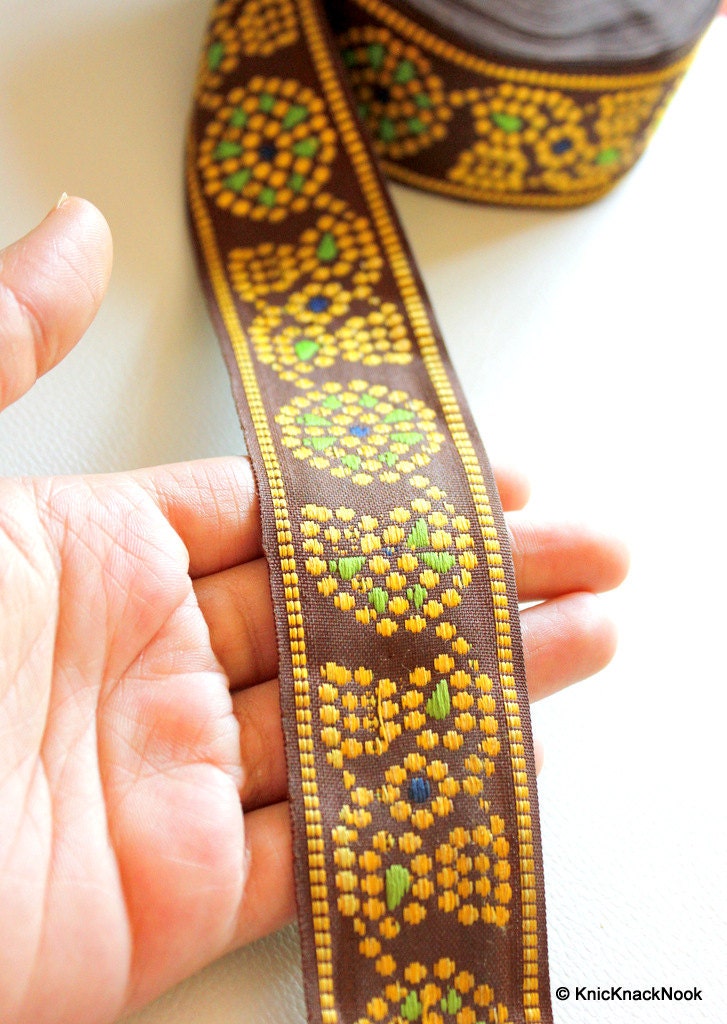 Brown Cotton Lace Trim With Green and Yellow Floral Embroidery, Approx. 40mm Wide