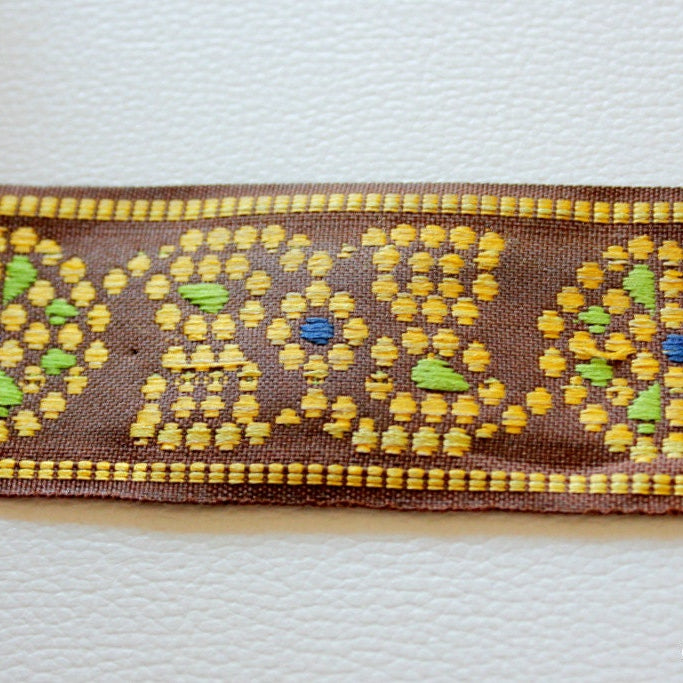 Brown Cotton Lace Trim With Green and Yellow Floral Embroidery, Approx. 40mm Wide