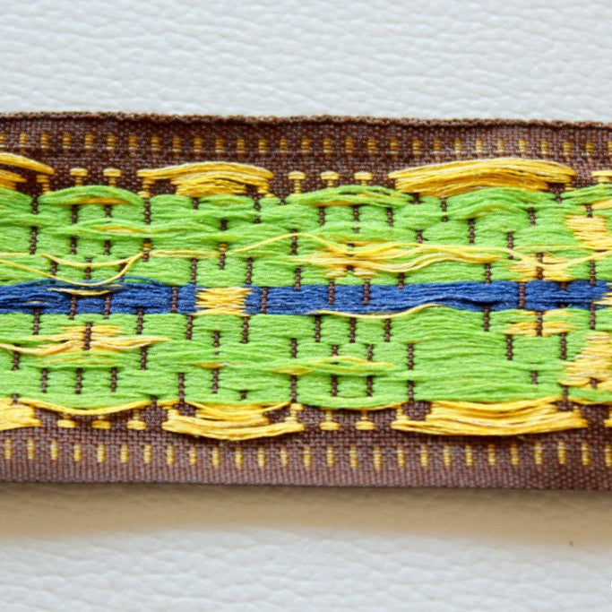 Brown Cotton Lace Trim With Green and Yellow Floral Embroidery, Approx. 40mm Wide