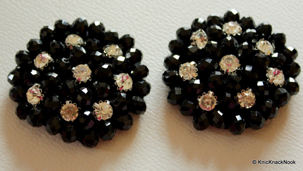 Black Round Shaped Applique, Black Rondelle Beads Applique, Rhinestone Applique - 030315A213