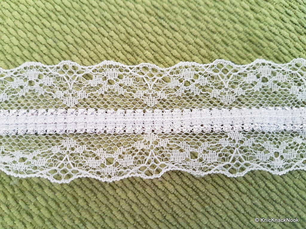 White Lace Trim With Silver Metal Detailing, Approx. 42mm Wide Lace Trim