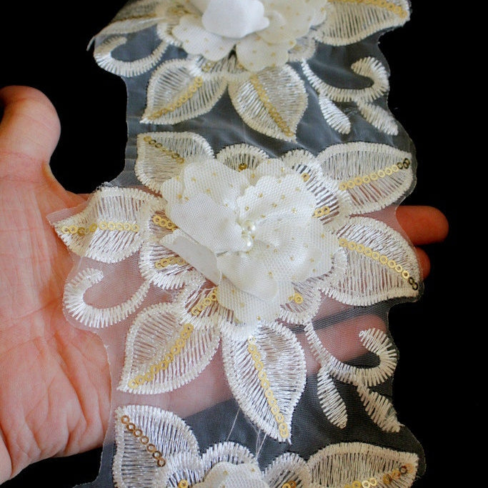 White Embroidered Flower Lace Trim With Sequins And Pearls, White And Gold Floral Trim Lace, Approx. 13.5cm Wide