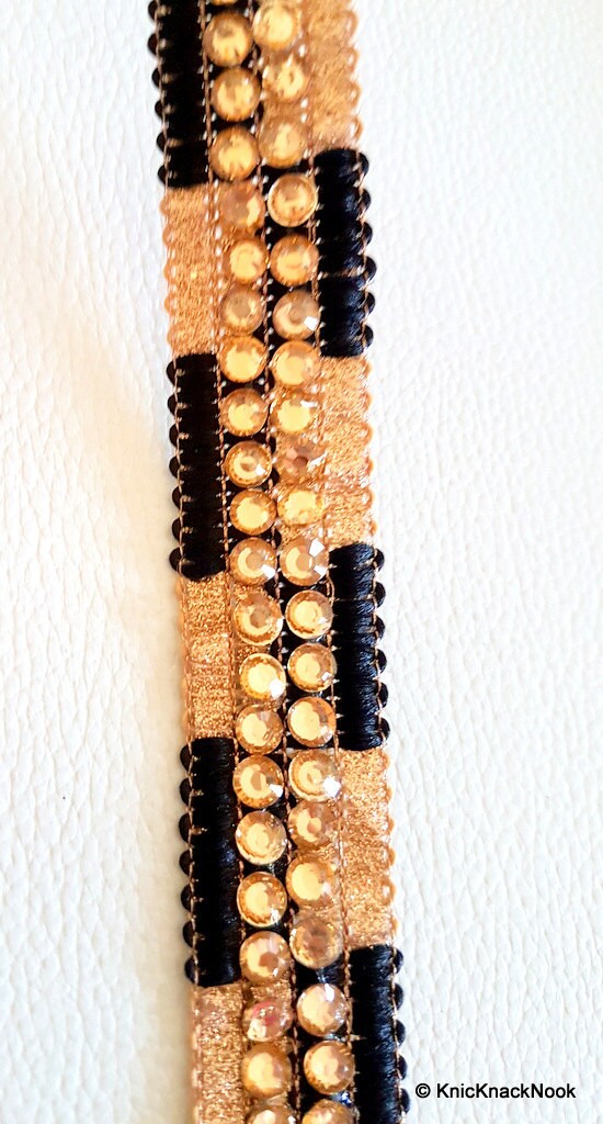 Black And Gold Shimmer Lace Trim With Diamante Beads Embellishments, Approx. 21mm Wide Decorative Costume Trim