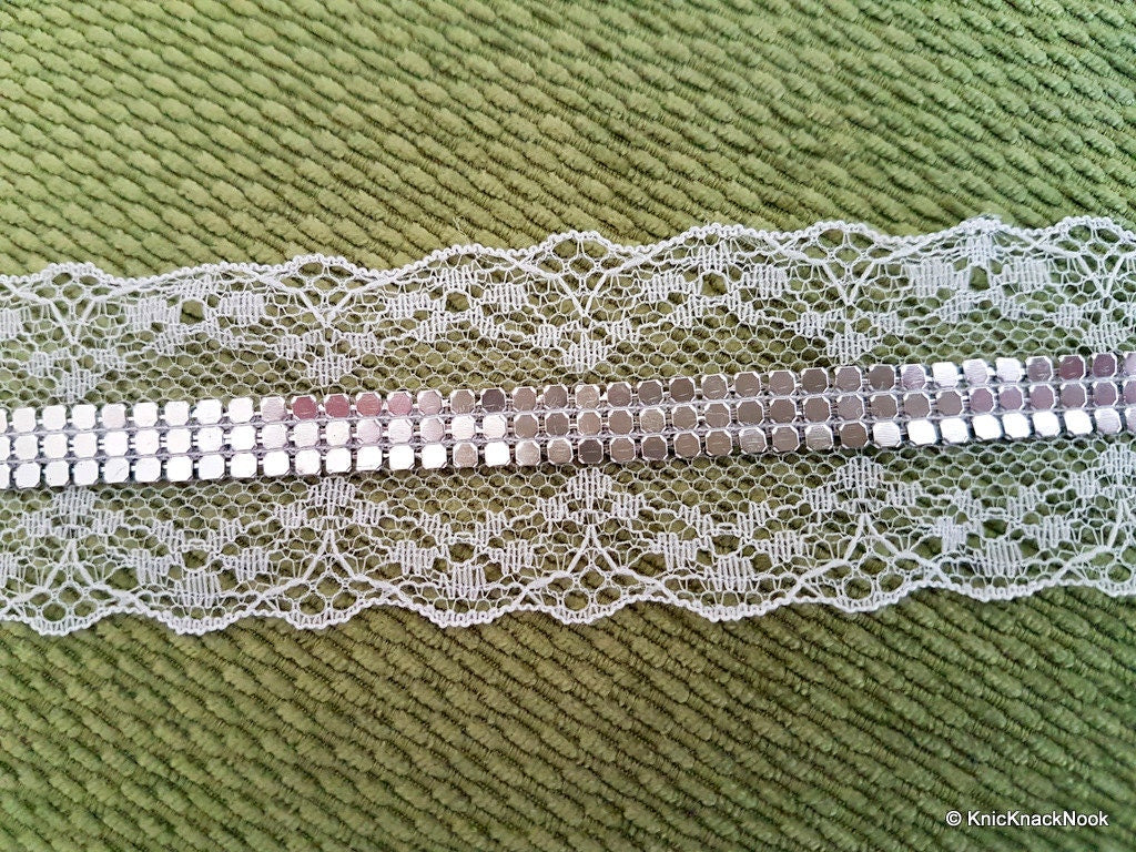 White Lace Trim With Silver Metal Detailing, Approx. 42mm Wide Lace Trim