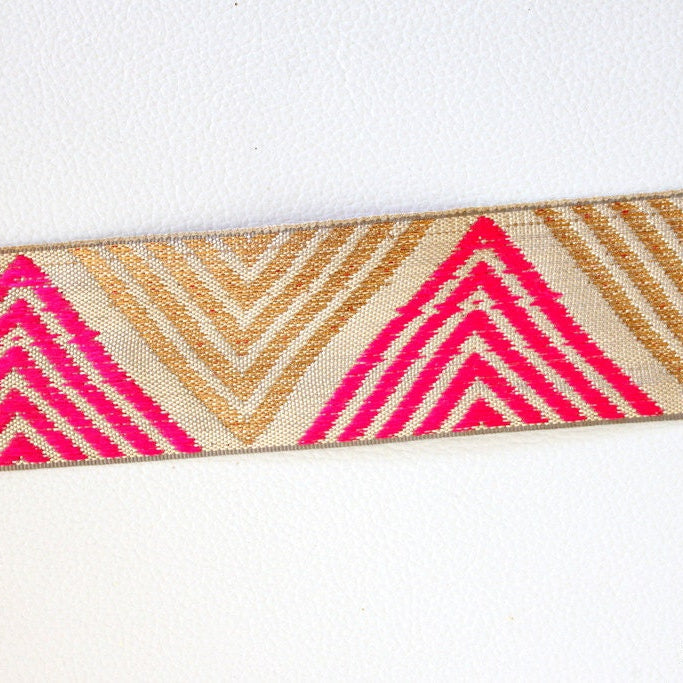 Fuchsia Pink And Gold Temple Border Embroidery Lace Trim, Approx. 42mm Wide