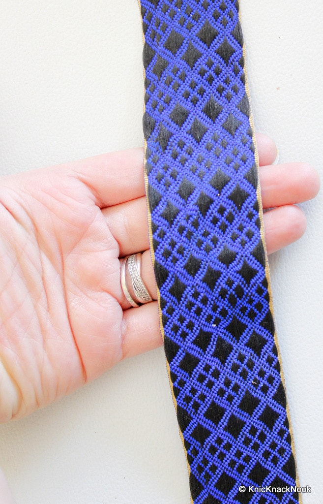 Blue And Black Embroidered Trim, Approx. 45mm Wide