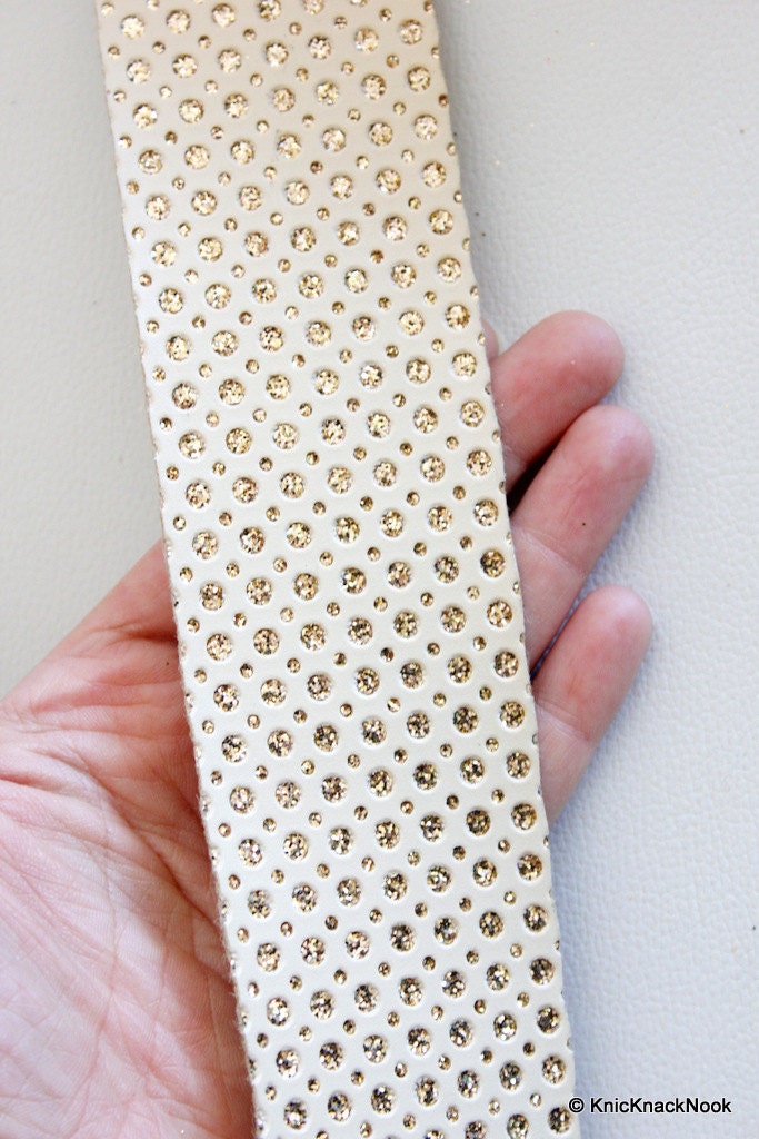 9 Yards x Wholesale Beige Faux Leather Trim Lace With Gold Polka Dots, Approx 53 mm Wide