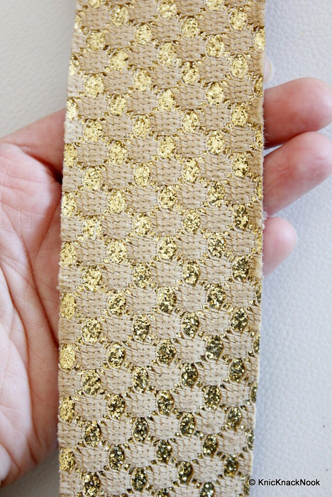 Wholesale Faux Leather Trim Lace With Light Brown Embroidery And Gold Polka Dots, Approx 56 mm Wide, Craft Trim