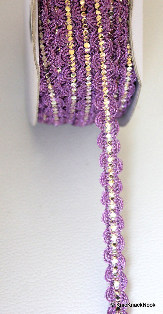 Lilac Purple Lace Trim With Silver Sequins, Approx. 10 mm wide