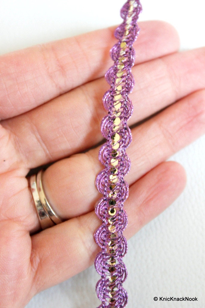 Lilac Purple Lace Trim With Silver Sequins, Approx. 10 mm wide