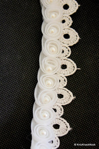 Thumbnail for 9 x White Rose With Pearl Flower And Crochet Leaves Lace Trim, Approx. 30mm Wide, Wholesale Indian Sari Trim