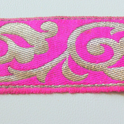 Wholesale Jacquard Floral Border in Fuchsia Pink And Bronze Lace Trim, Approx. 60mm Wide Indian Sari Trim Craft Ribbon Trim By 9 Yards