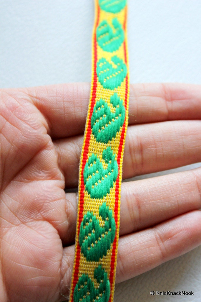 Wholesale Yellow Fabric Trim With Green And Red Embroidery Thread Lace Trim, 15mm wide