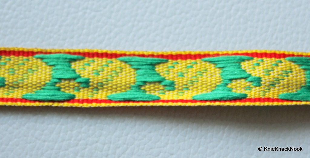 Wholesale Yellow Fabric Trim With Green And Red Embroidery Thread Lace Trim, 15mm wide